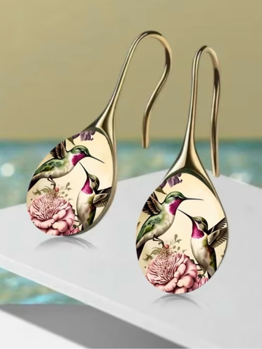 Gold Hummingbird Floral Drop Earrings - Pink & Green - Picture 2 of 3